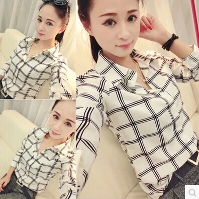 2017秋裝新款格子長袖襯衫女學生裝韓版修身百搭翻領襯衣寸衫衣女