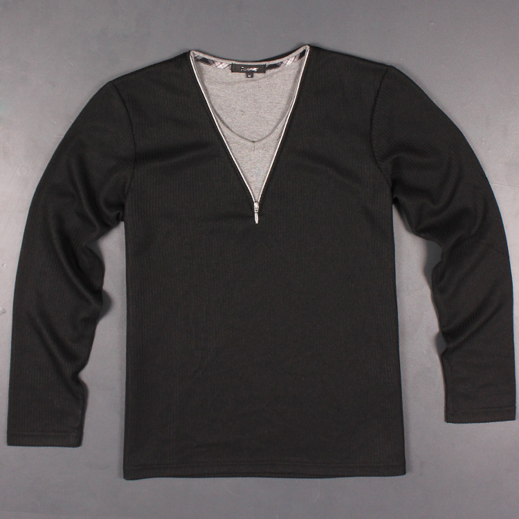 假兩件春秋拉鏈V領針織衫 舒適棉 男女時尚運動套頭長袖T恤打底衫