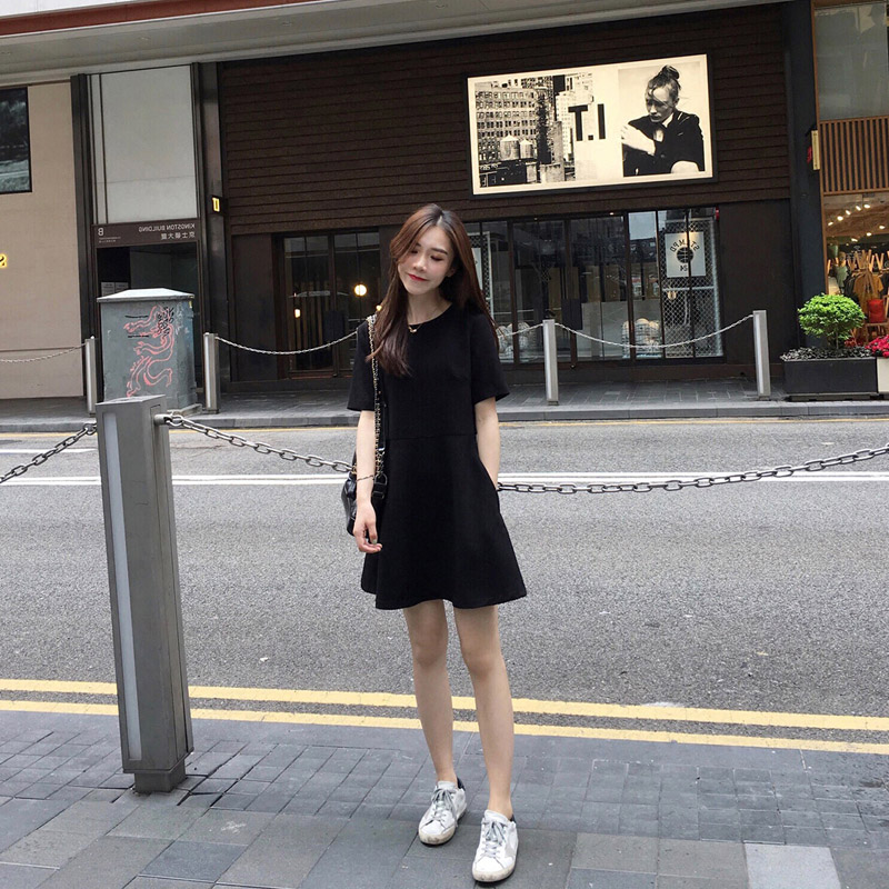 2018新款pphome文藝褶皺奶油裙子超仙女顯瘦少女心連衣裙小黑裙夏