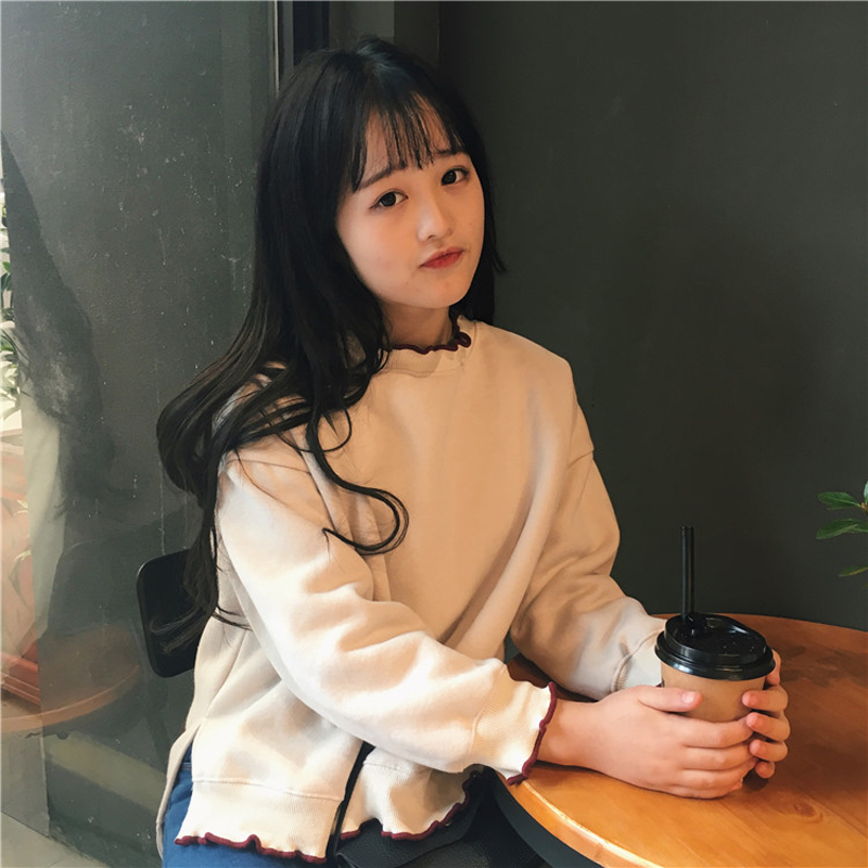 秋裝女裝韓版木耳邊半高領套頭學生衛衣寬松休閑顯瘦長袖上衣外套