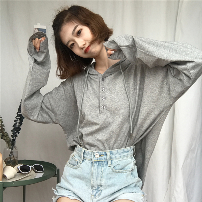 秋裝新款女裝韓版寬松百搭純色連帽系帶套頭衛衣長袖休閑上衣外套