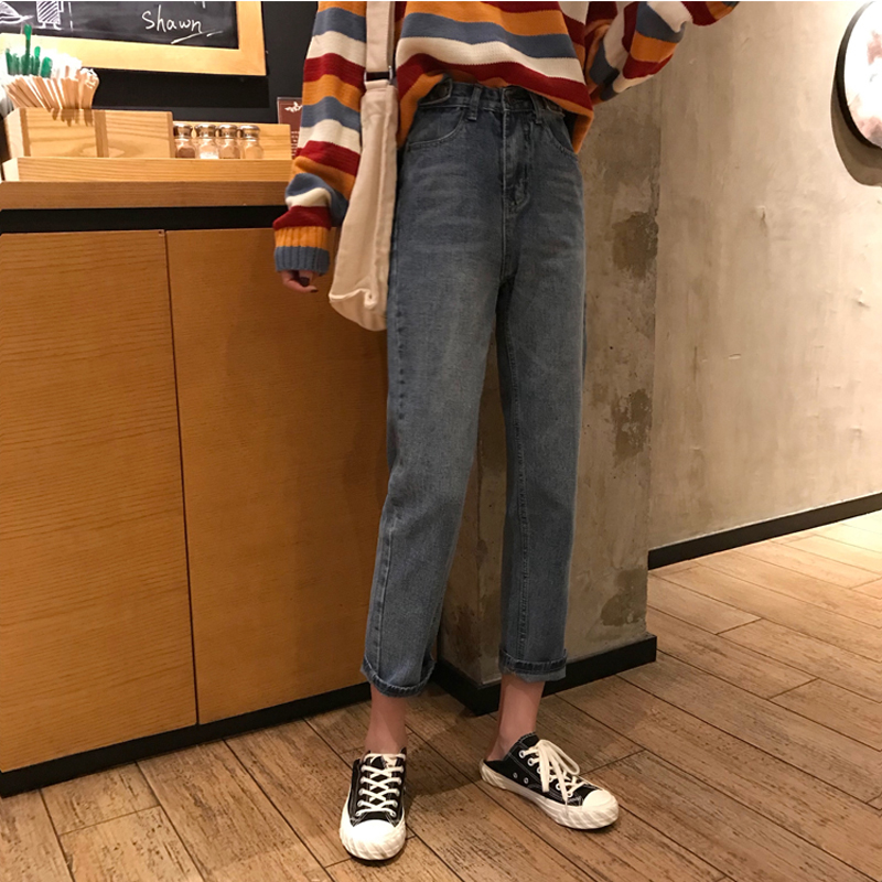 秋季2018新款女裝韓版寬松顯瘦牛仔褲高腰復古直筒褲闊腿褲九分褲