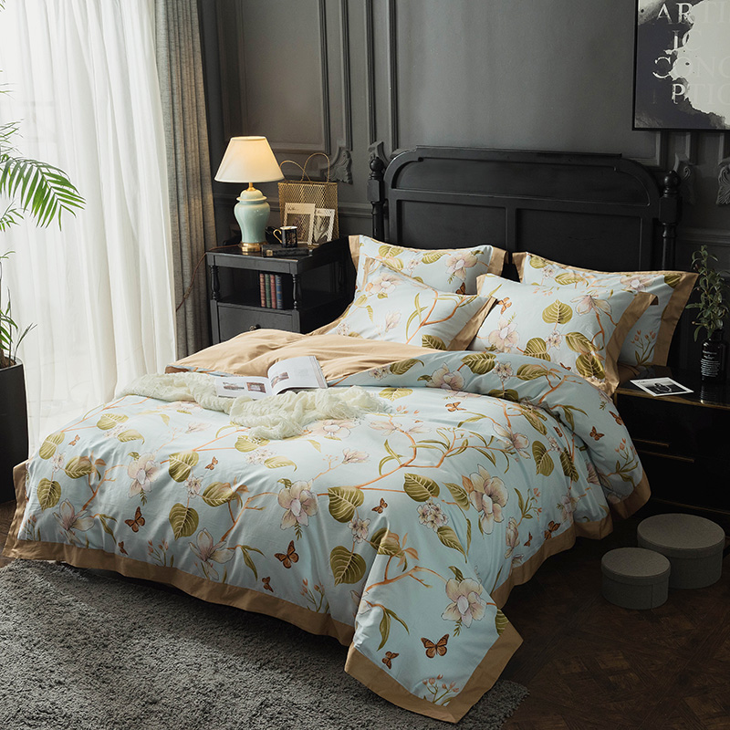 冬季新款60支印花拼邊埃及長絨棉四件套 全面貢緞床上用品套件