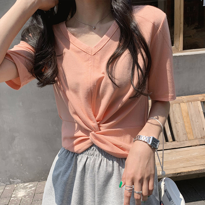 A7seven短袖T恤女2019夏裝新款V領白色韓版顯瘦百搭休閑交叉體恤