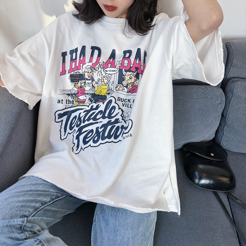 A7seven春夏新款卡通字母白色印花破洞短袖女韓版圓領寬松純棉T恤