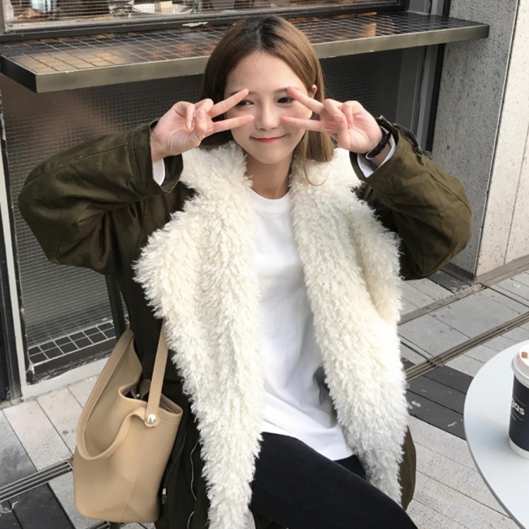 冬款韓國學院風寬松中長款毛領保暖棉服后開叉抽繩棉衣外套女