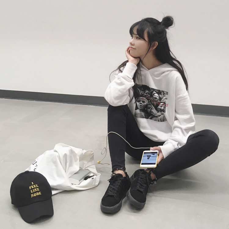 韓國chic學院風秋冬復古印花寶寶頭像寬松百搭長袖連帽衛衣女