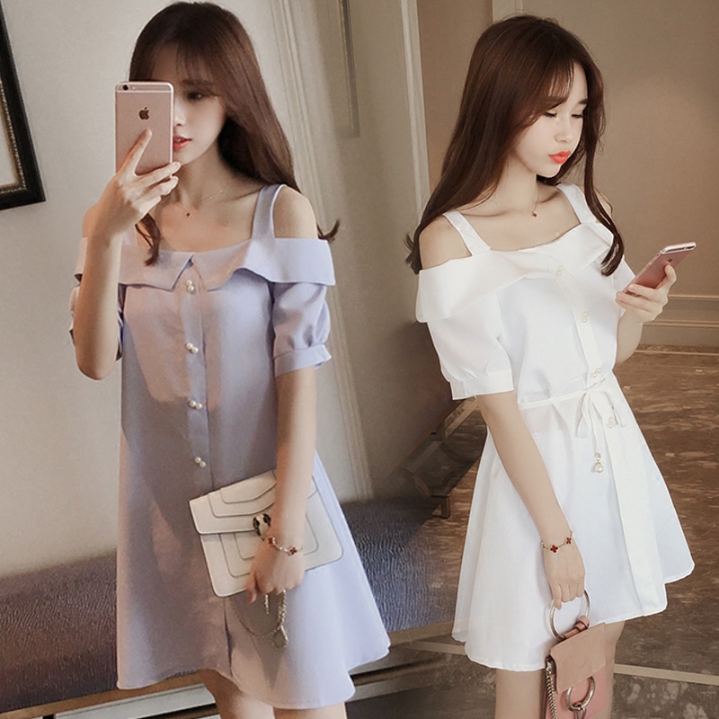 韓版女裝夏季新款大碼收腰中長裙吊帶打底裙子顯瘦露肩短袖連衣裙