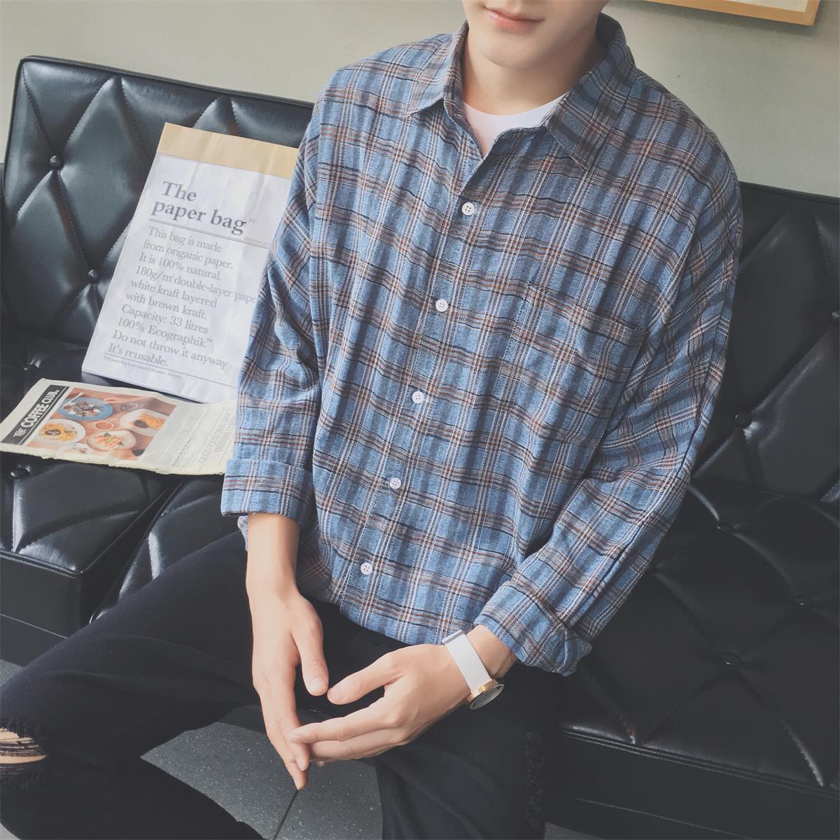 男裝新款日韓潮流時尚直筒方領男士格子長袖襯衫